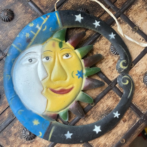 Vintage Indigenous Primitive Metal Crescent Moon Kissing Sun Hanging Wall Art - Picture 2 of 3